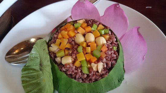 A Vegetarian dish made from lotus seeds and decorated with lotus flower